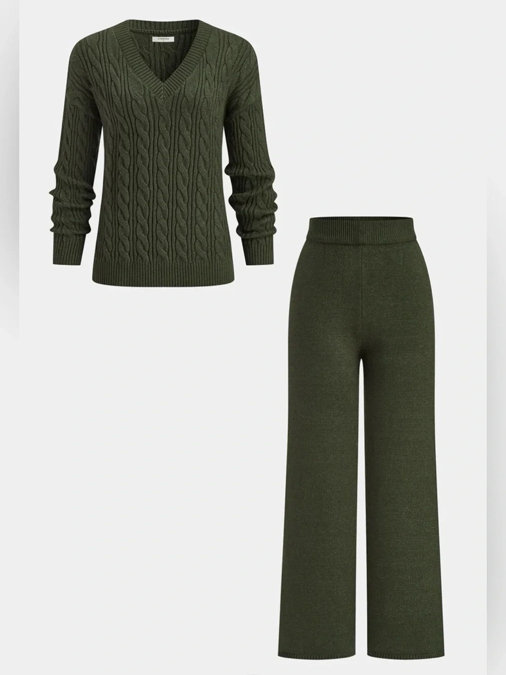 Commense Cable-Knit V-Neck Sweater & Wide-Leg Knit Pants Set
